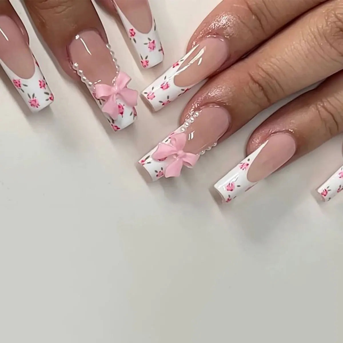 Ivory Bow - 24 PCS Long Square Press on Nails - GlamGrip Beauty