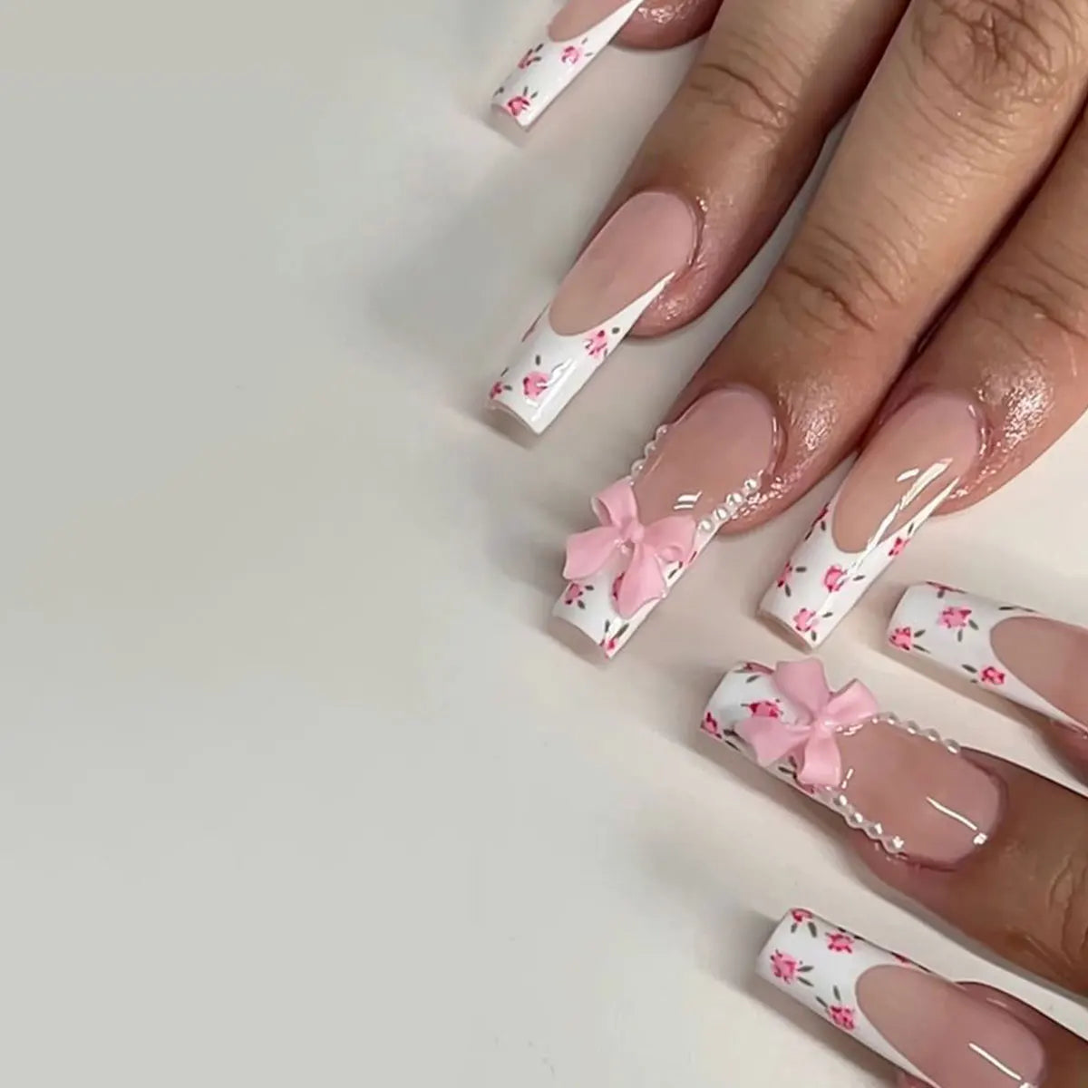 Ivory Bow - 24 PCS Long Square Press on Nails - GlamGrip Beauty