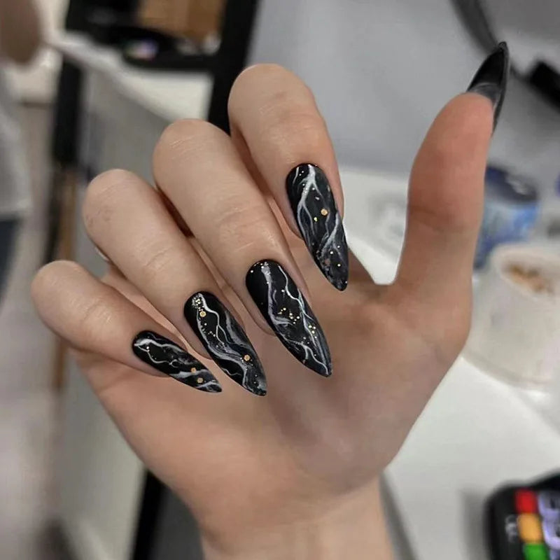 Long Stiletto Press On Nails With Flowers & Rhinestones - GlamGrip Beauty