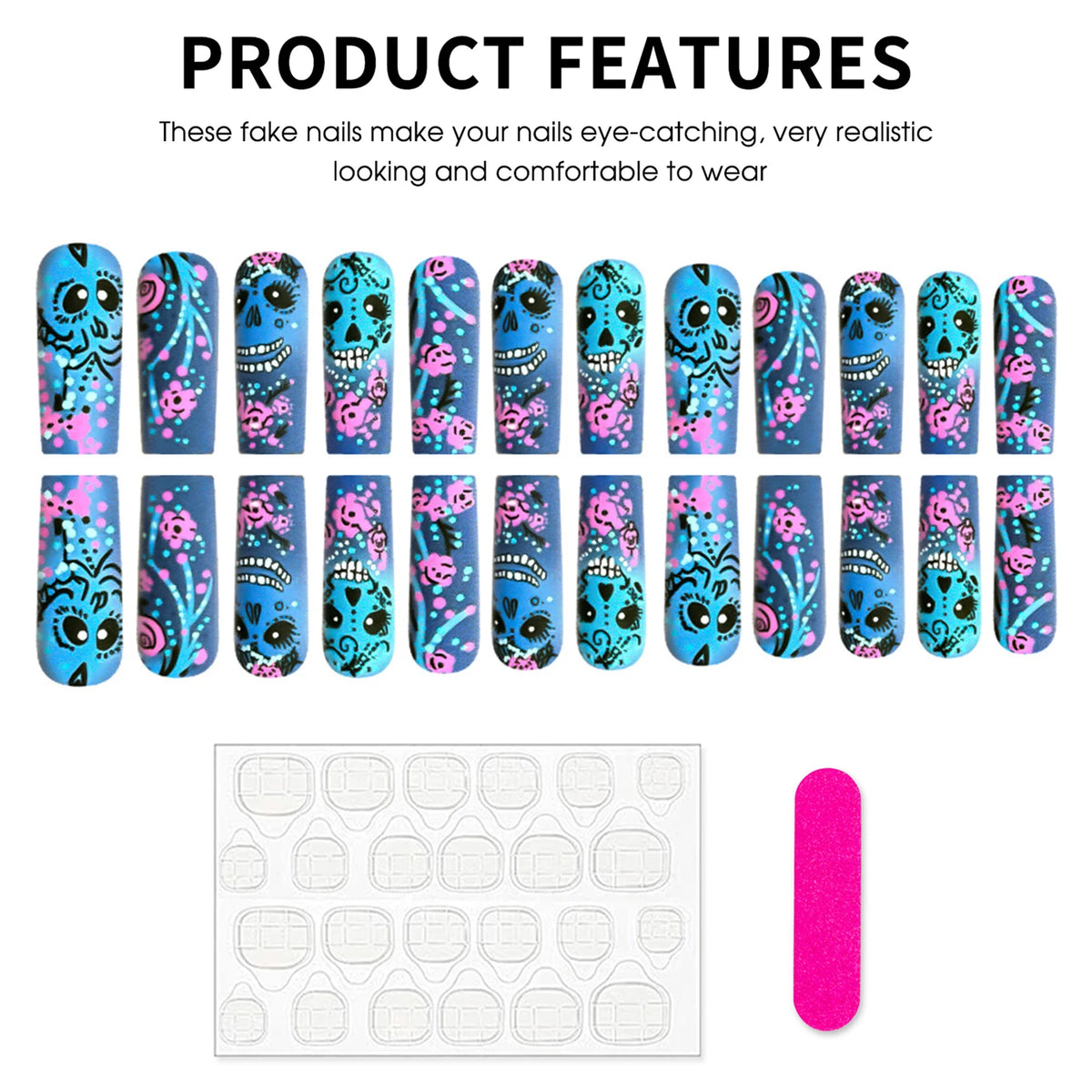 Lake Blue Matte Press On Nails – Skull & Flower Design - GlamGrip Beauty