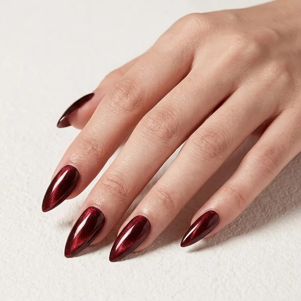 Deep Red Cat Eye Stiletto Press On Nails Set - GlamGrip Beauty