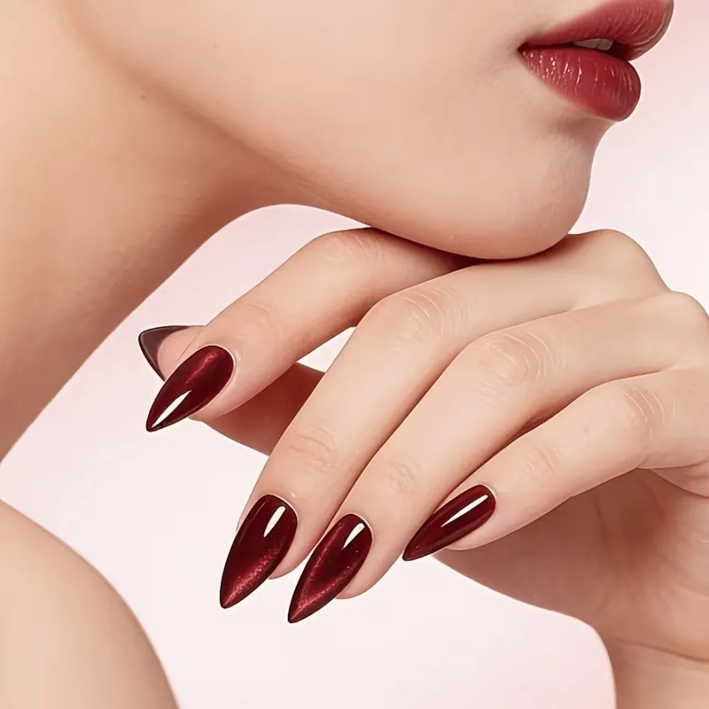 Deep Red Cat Eye Stiletto Press On Nails Set - GlamGrip Beauty