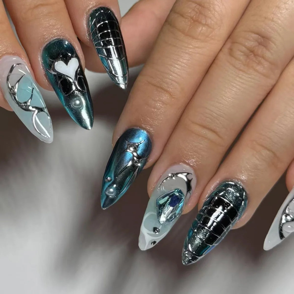 Long Stiletto Press On Nails With Flowers & Rhinestones - GlamGrip Beauty