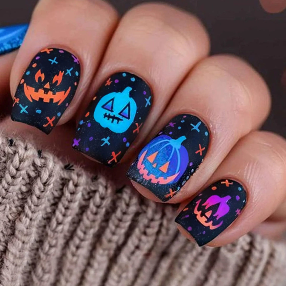 Halloween Pumpkin Ghost Press On Nails – Short Square Salon Quality | Reusable 30-Piece Nail Kit - GlamGrip Beauty