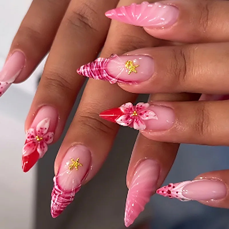 Long Stiletto Press On Nails With Flowers & Rhinestones - GlamGrip Beauty