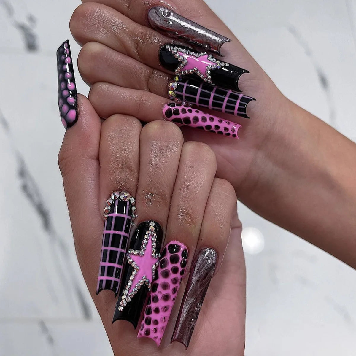 Smoky Plum Black Long Ballet Press On Nails – Gothic Star Print | Reusable Set of 24 - GlamGrip Beauty