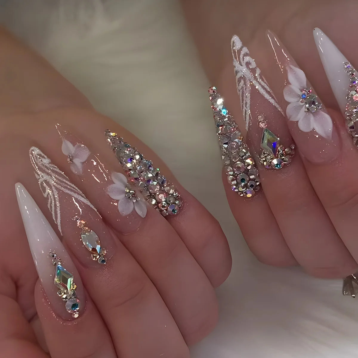 Long Stiletto Press On Nails With Flowers & Rhinestones - GlamGrip Beauty