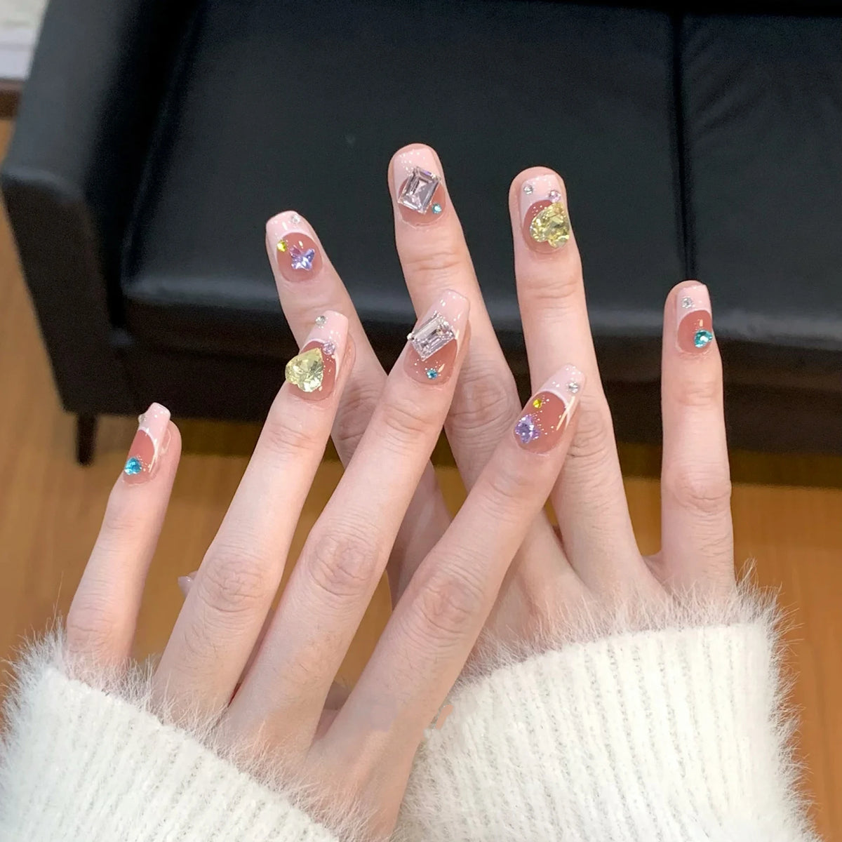 French 3D Gemstone Press-On Nails – Elegant Nail Art Set - GlamGrip Beauty