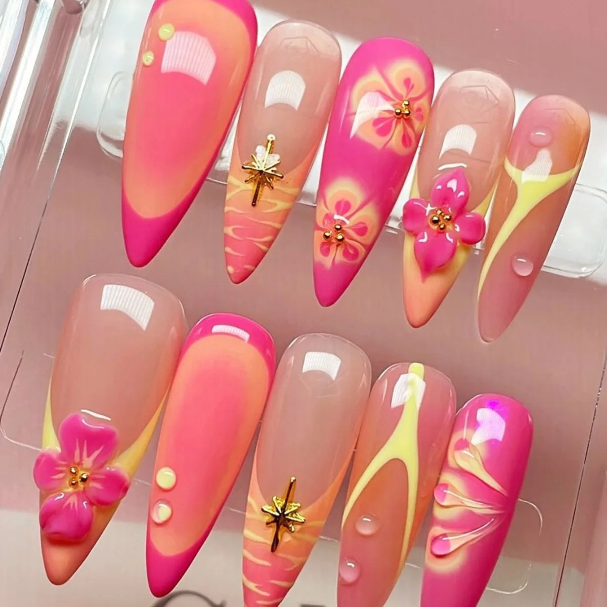 Long Stiletto Press On Nails With Flowers & Rhinestones - GlamGrip Beauty