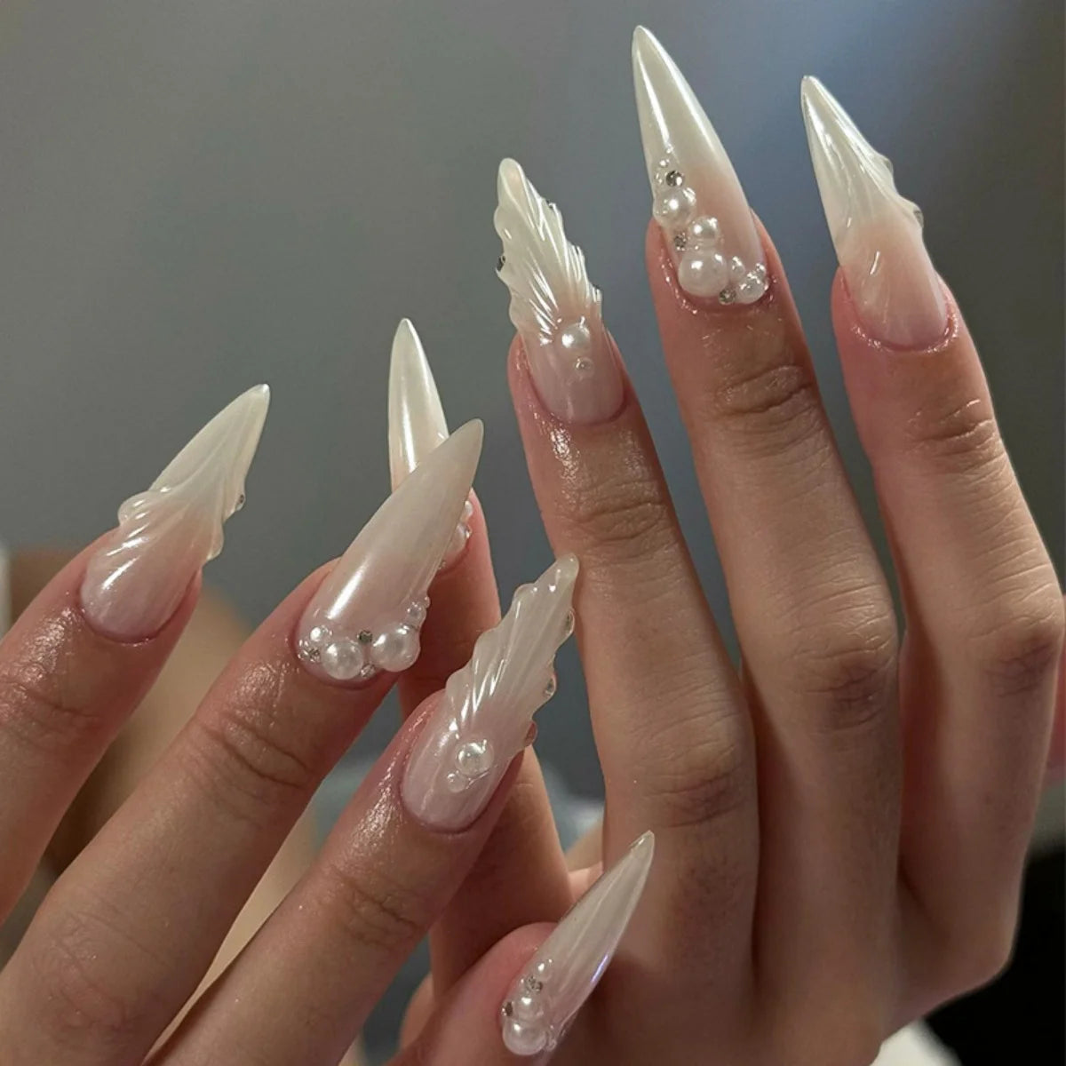 Long Stiletto Press On Nails With Flowers & Rhinestones - GlamGrip Beauty