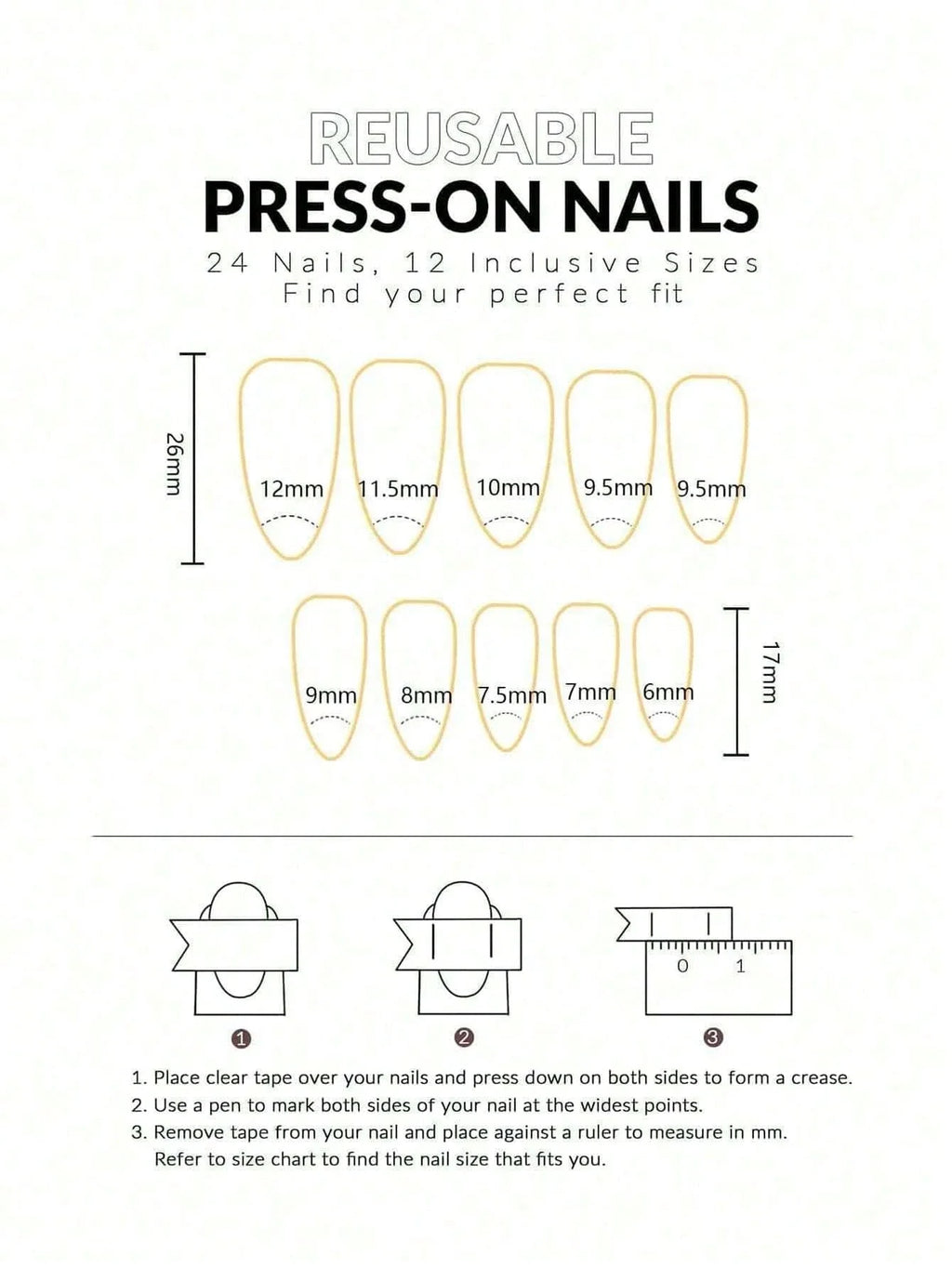 Instructions for using reusable press-on nails with size chart on a white background