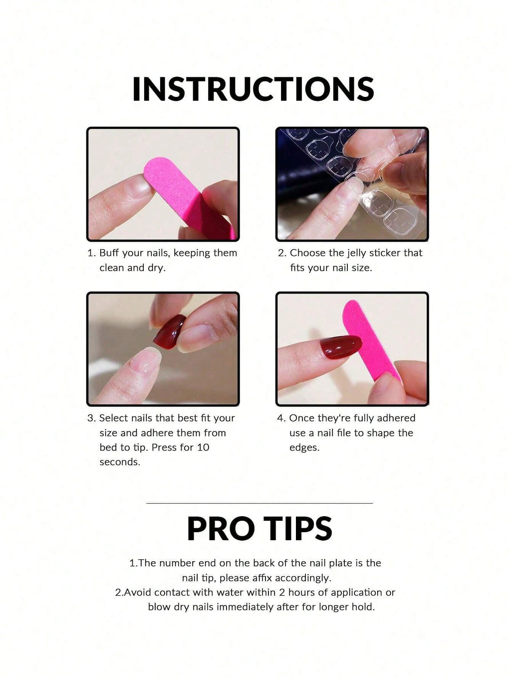 Instructions for using nail extensions with images and text on a white background