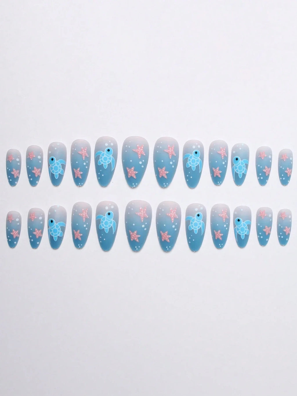 Set of nail art designs with turtles and starfish on a light gray background
