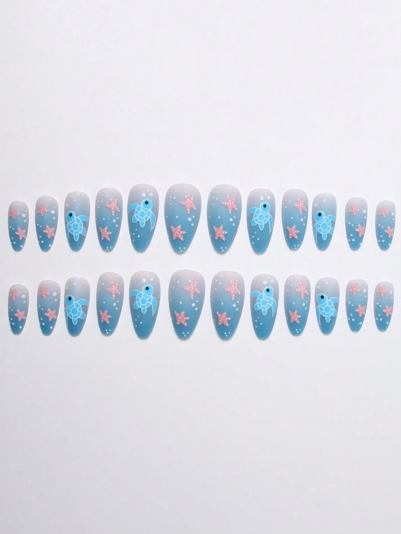 Set of nail art designs with turtles and starfish on a light gray background