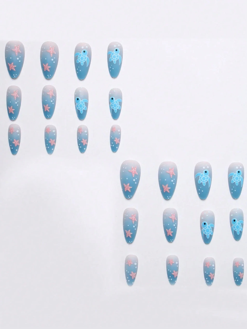 Set of nail art designs with blue and pink decorations on a white background
