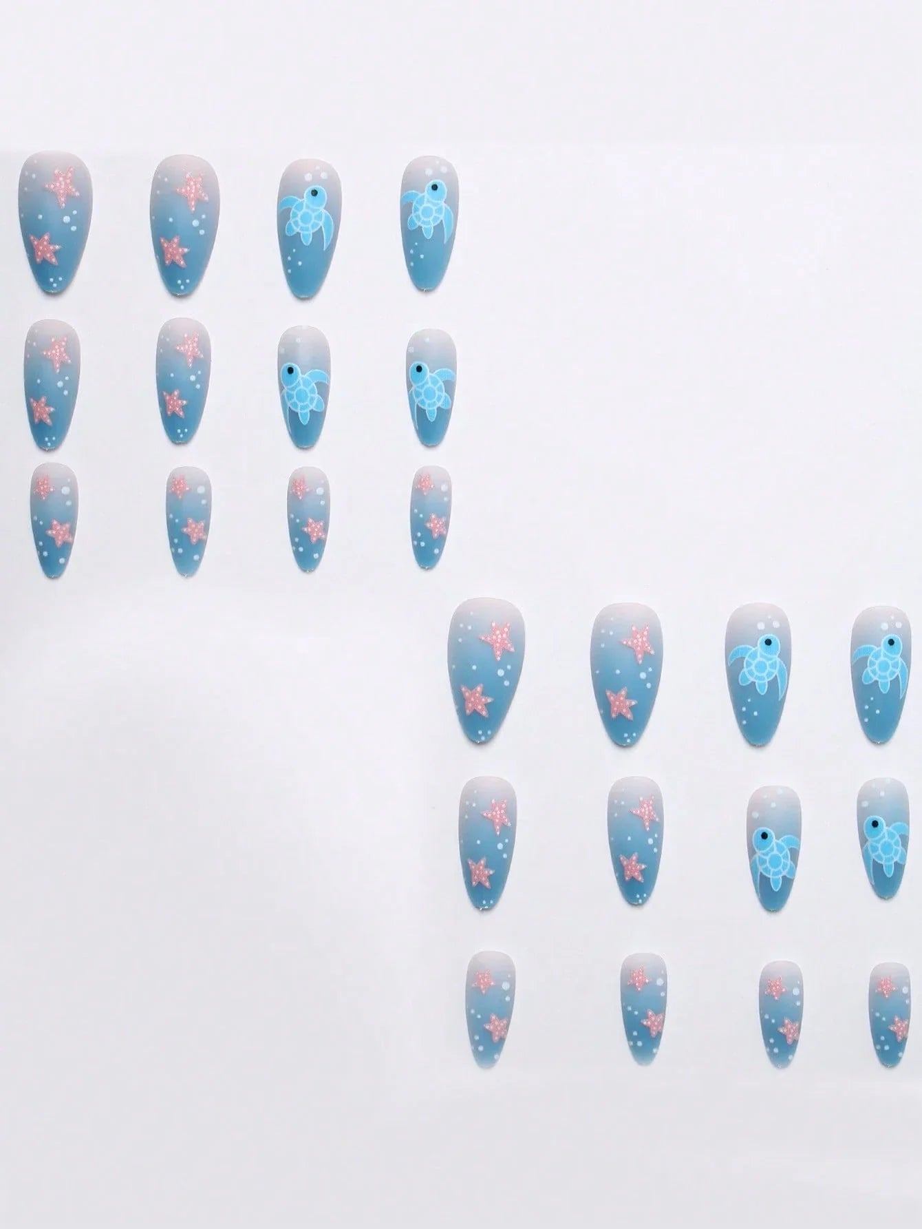 Set of nail art designs with blue and pink decorations on a white background