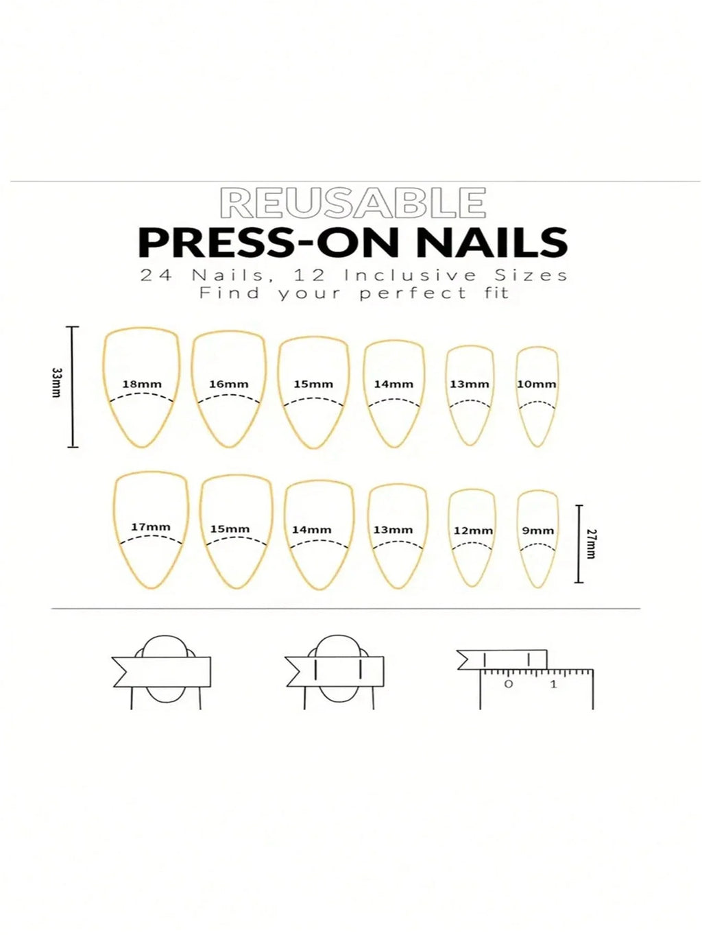 Diagram of reusable press-on nails with size measurements on a white background