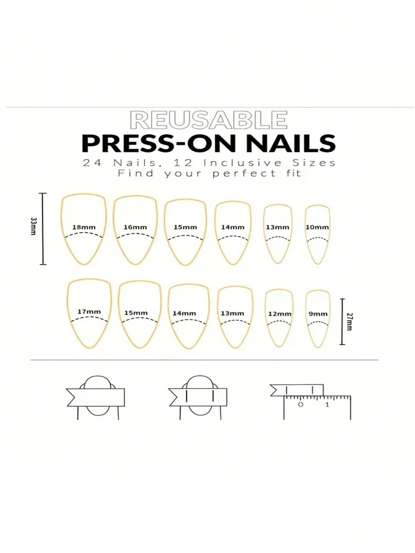 Diagram of reusable press-on nails with size measurements on a white background