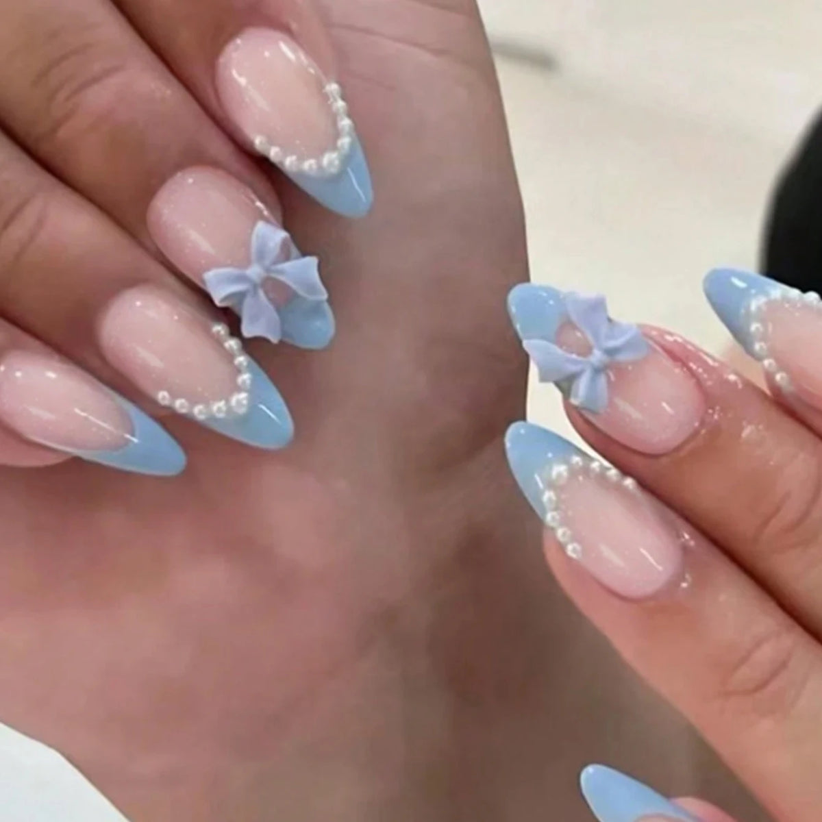 Pearl Bow - 24 PCS Medium Almond Press on Nails - GlamGrip Beauty