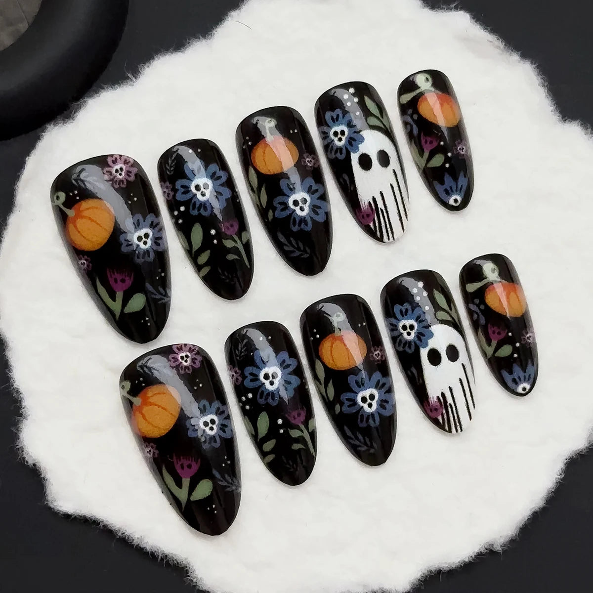 Black Cherry Medium Almond Press On Nails – Halloween Gothic Ghost & Pumpkin | Reusable Set of 24 - GlamGrip Beauty