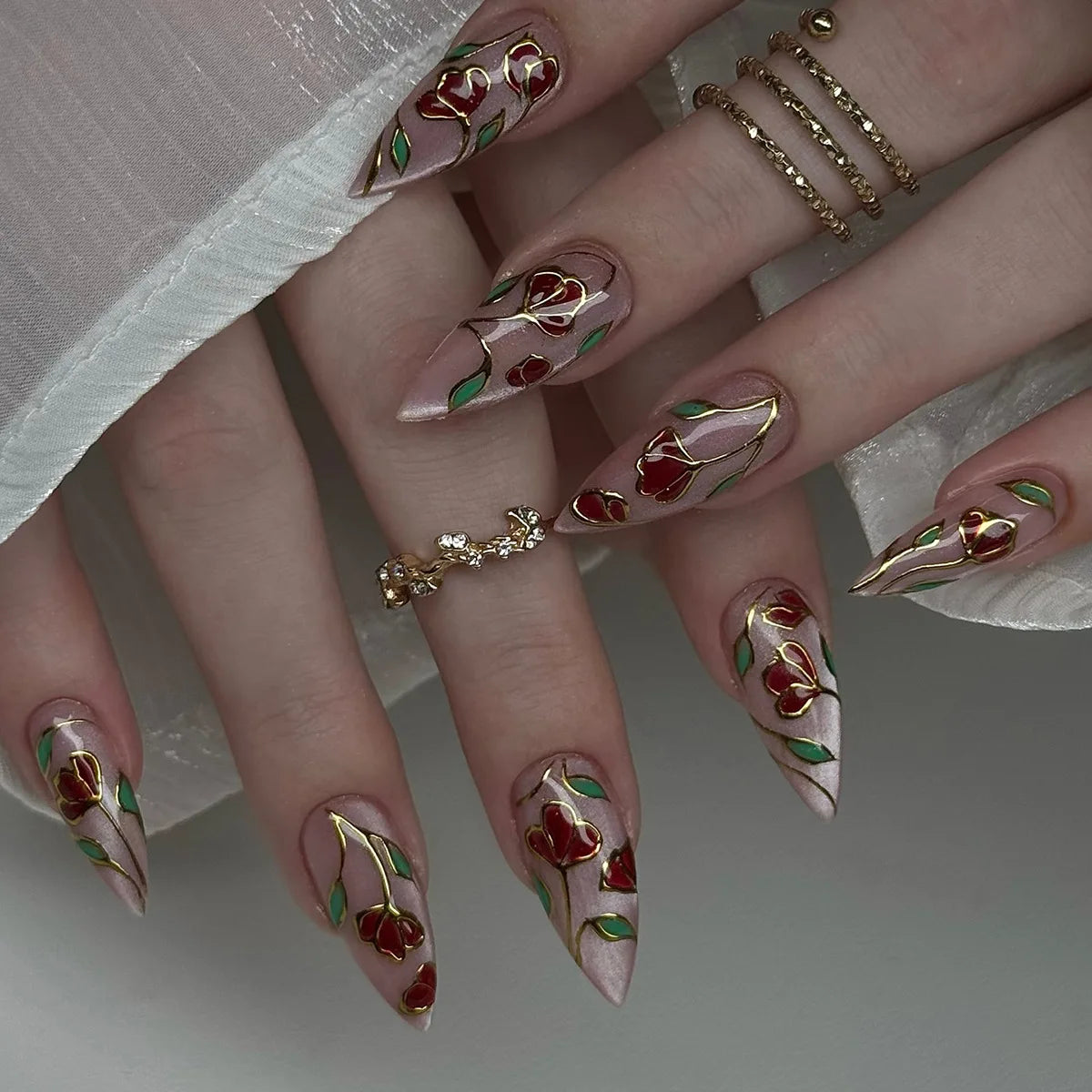 Long Stiletto Press On Nails With Flowers & Rhinestones - GlamGrip Beauty