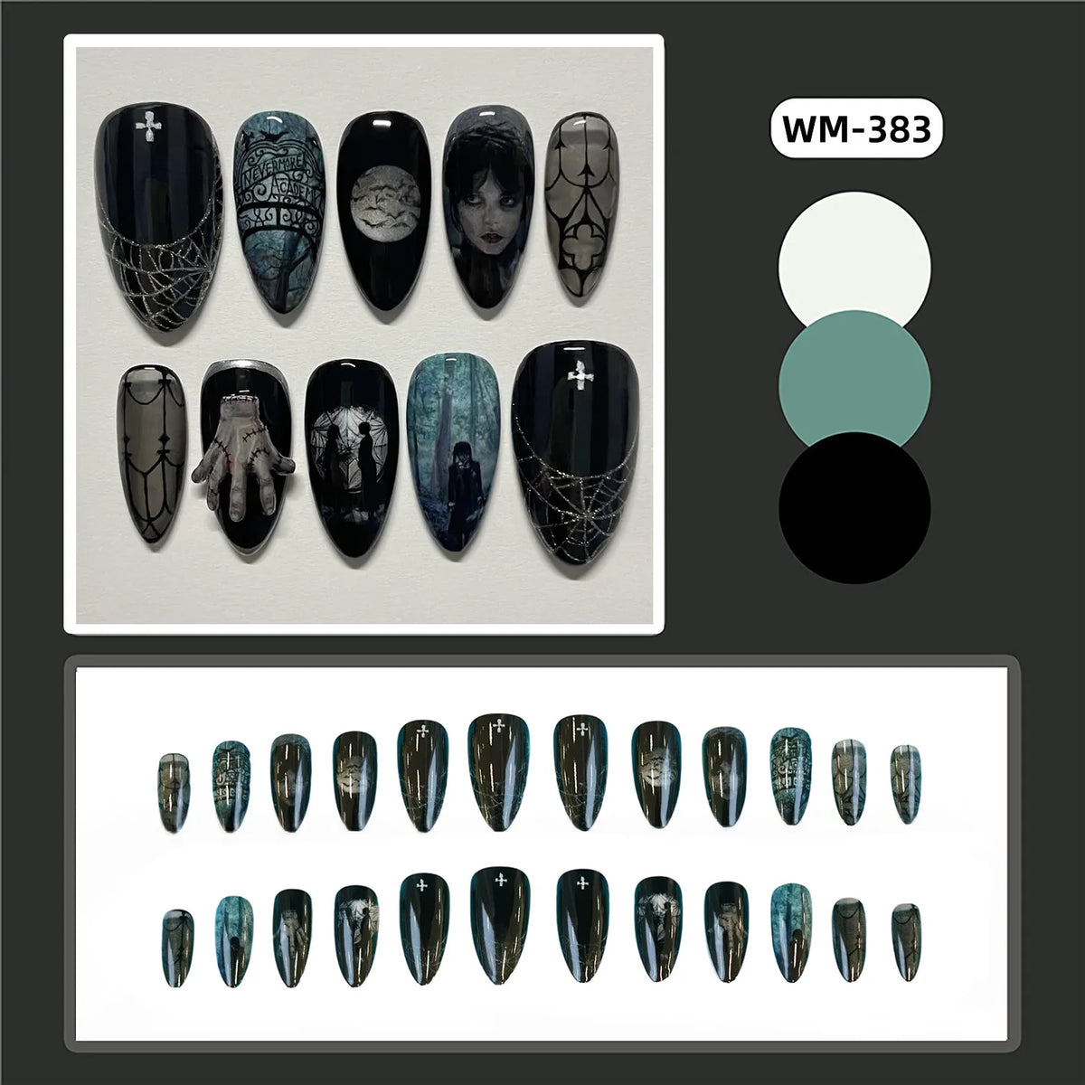 Espresso Black Short Almond Press On Nails – Dark Gothic Punk 2D Pattern | Everyday Set of 24 - GlamGrip Beauty