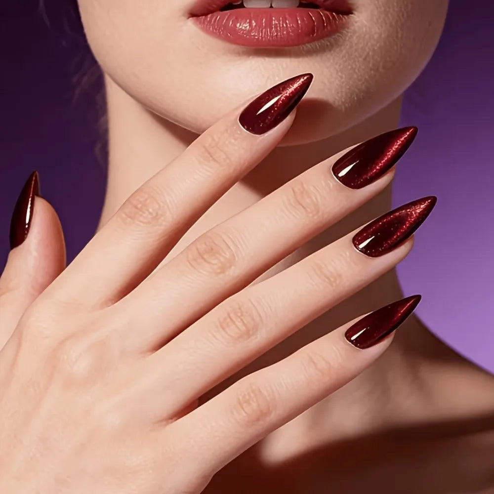 Deep Red Cat Eye Stiletto Press On Nails Set - GlamGrip Beauty