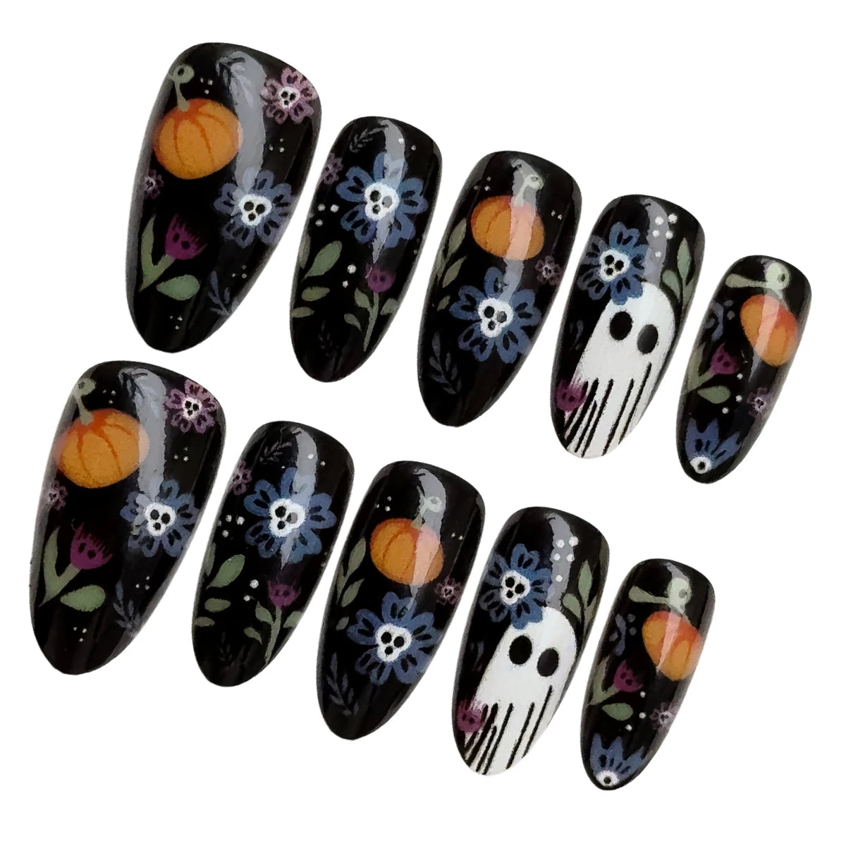 Black Cherry Medium Almond Press On Nails – Halloween Gothic Ghost & Pumpkin | Reusable Set of 24 - GlamGrip Beauty