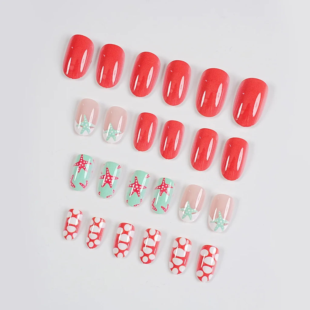 24 Piece Almond Press On Nails Starfish Beach Design Set