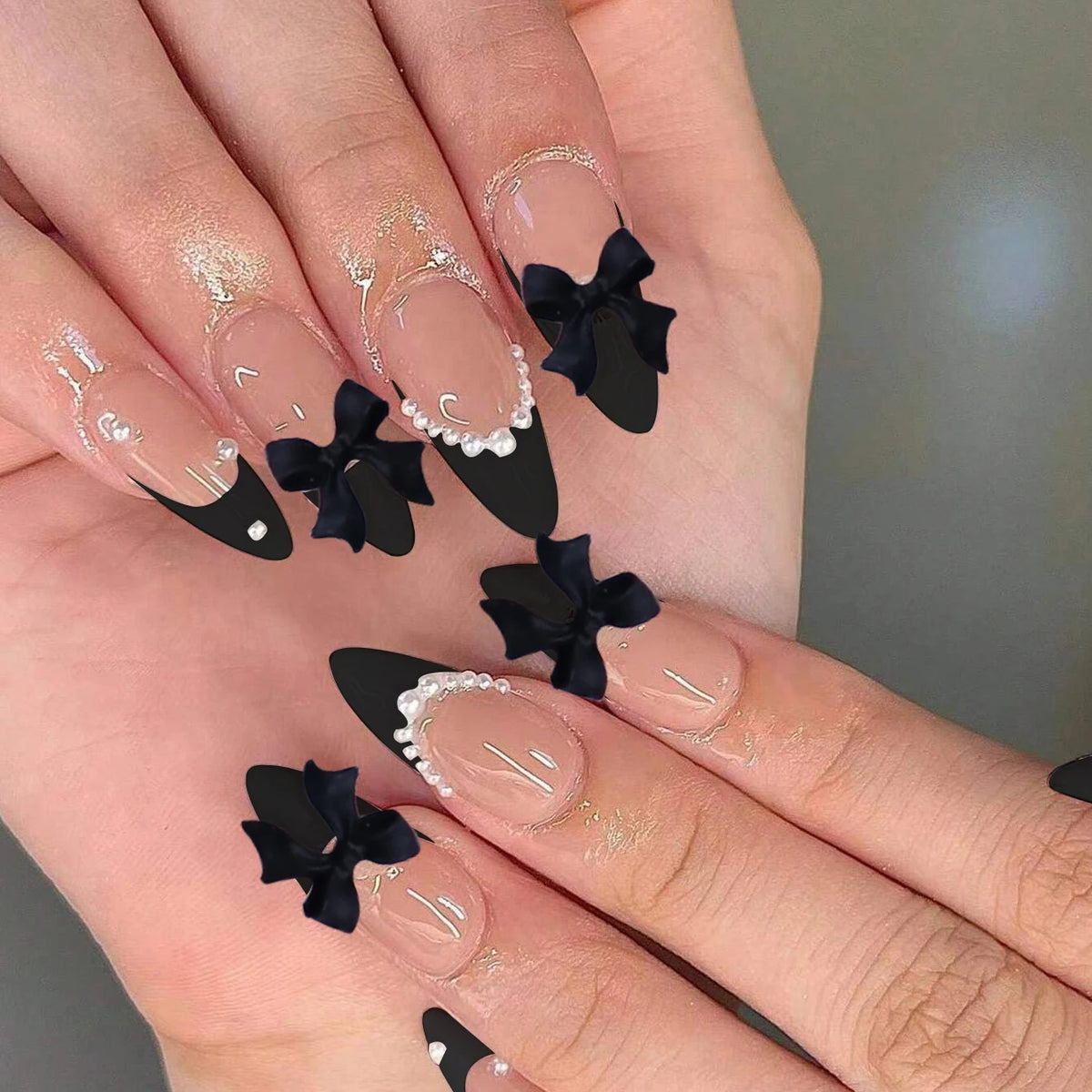Pearl Bow - 24 PCS Medium Almond Press on Nails - GlamGrip Beauty