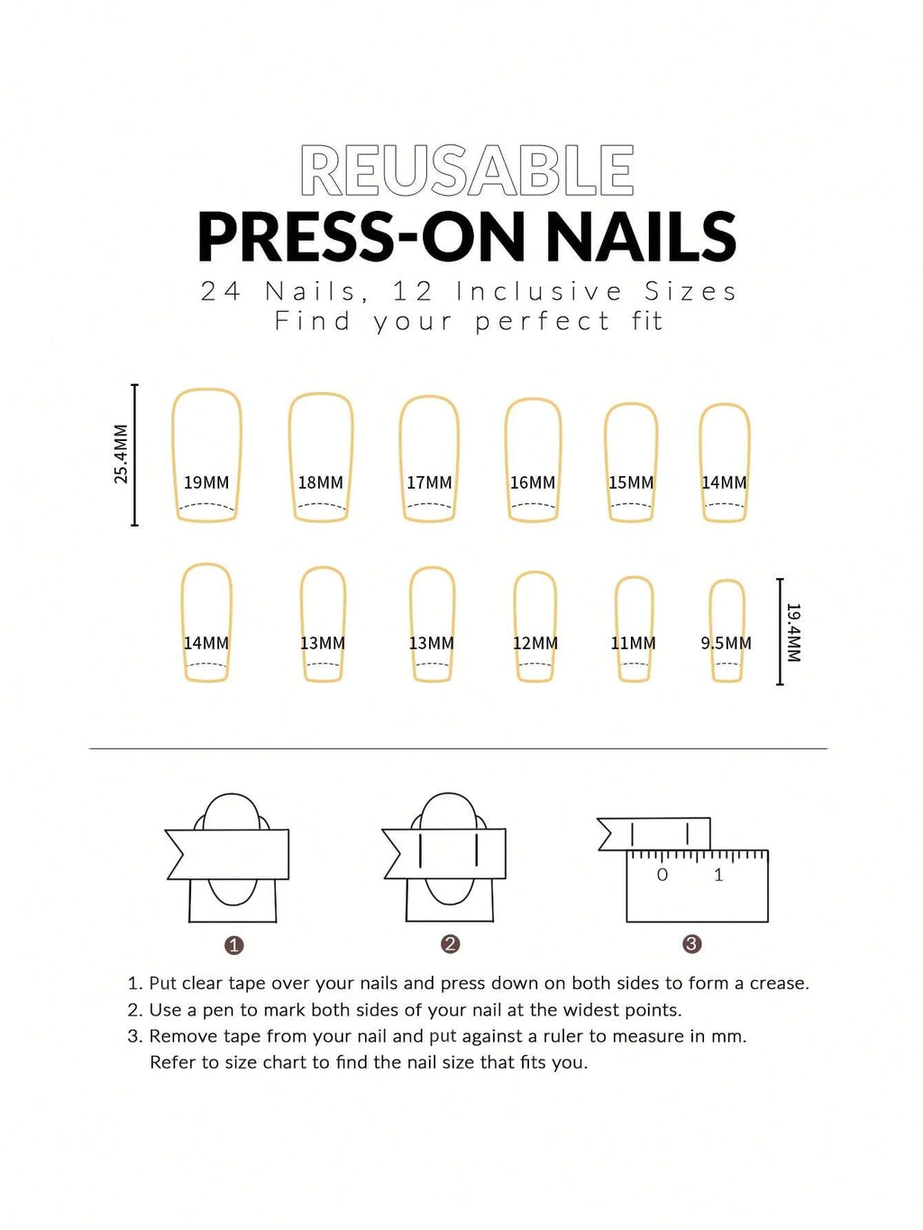 Instructions for using reusable press-on nails with size chart and measurement guide.