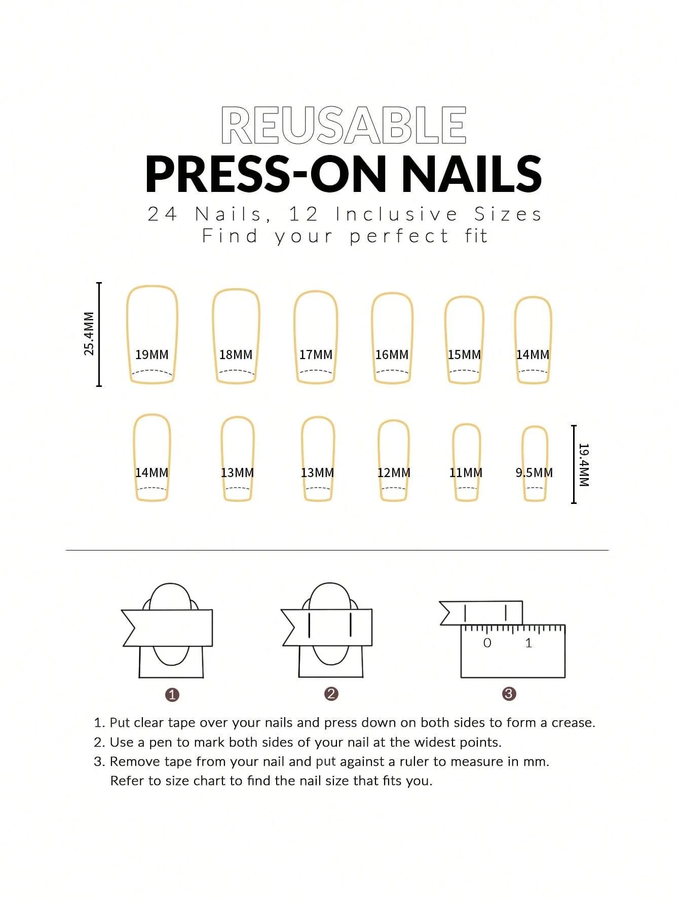 Instructions for using reusable press-on nails with size chart and measurement guide.