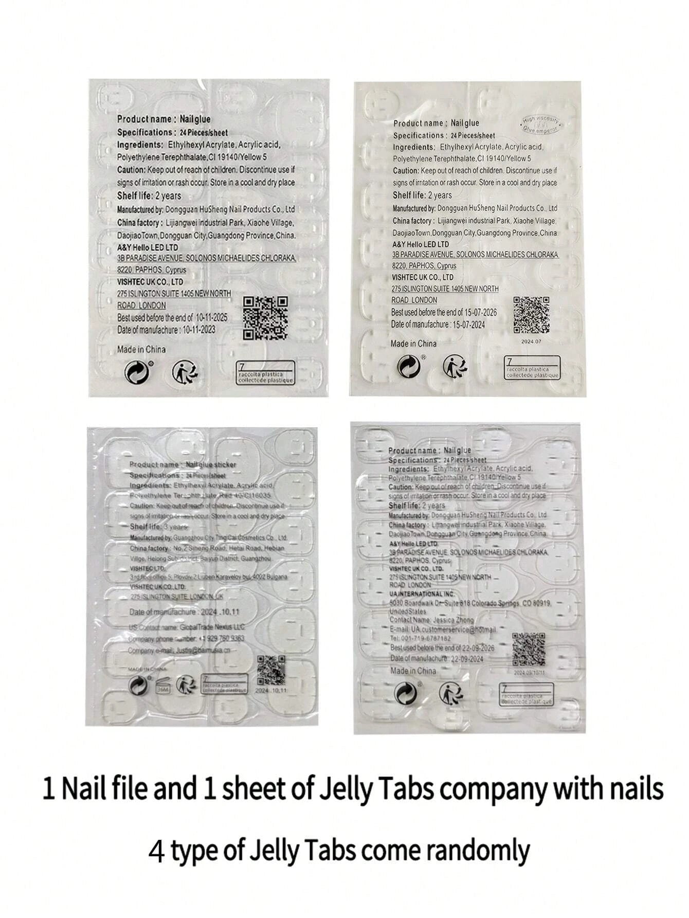 Packaging of Jelly Tabs with nail file and jelly tabs, featuring a QR code and text.