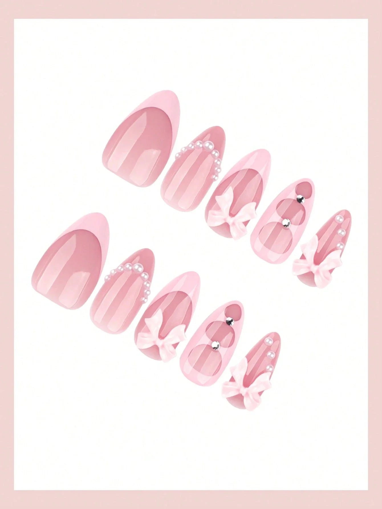 Set of pink nail art designs on a light pink background