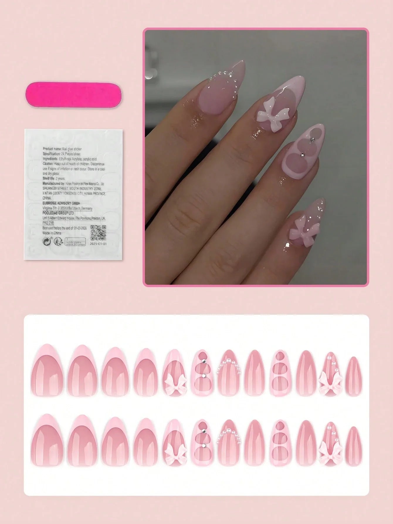 Nail art stickers with butterfly designs on a pink background
