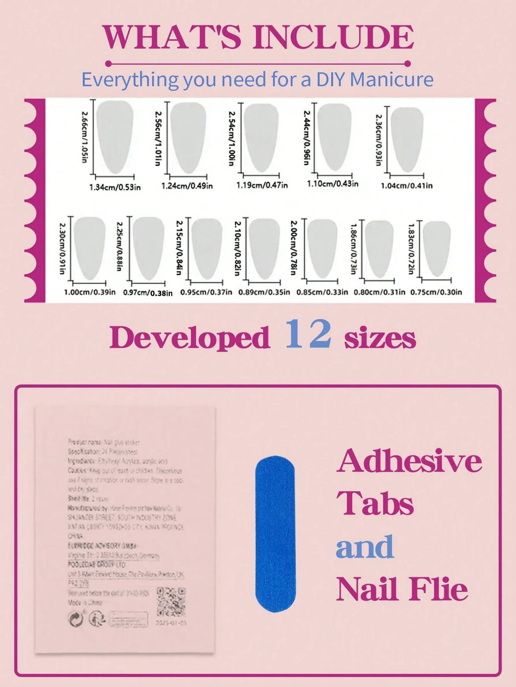 Product packaging for adhesive tabs and nail files with size chart on pink background