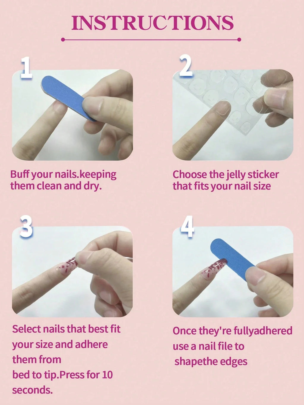 Step-by-step instructions for applying jelly stickers to nails on a pink background