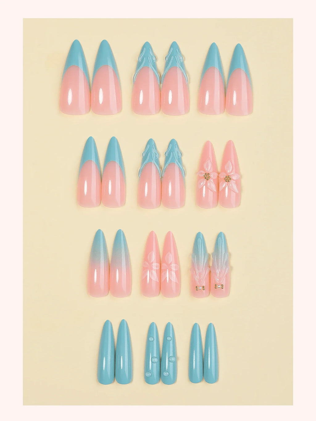 Set of blue and pink gradient nail art designs on a beige background