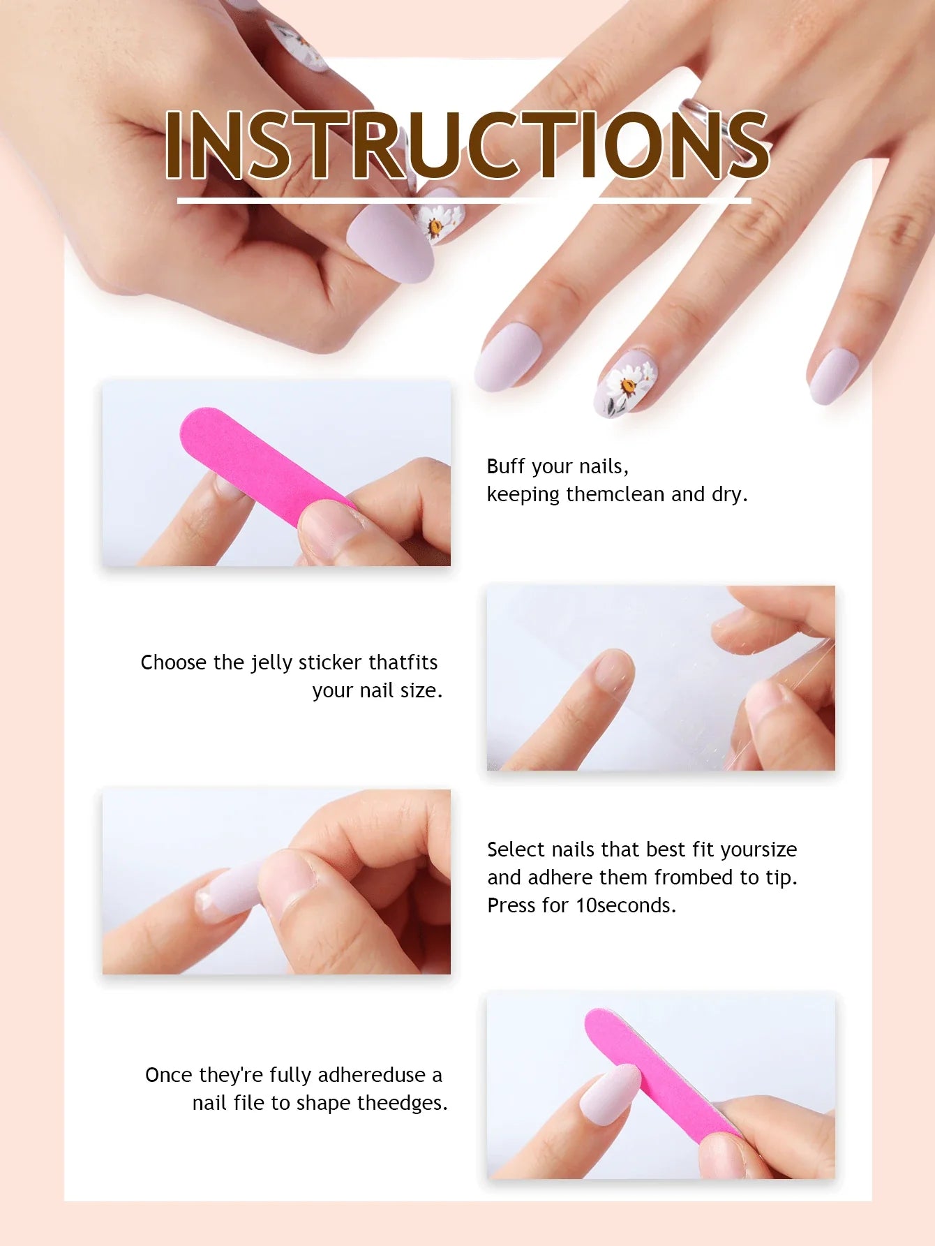 Step-by-step instructions for applying nail stickers with close-up images of hands and text.