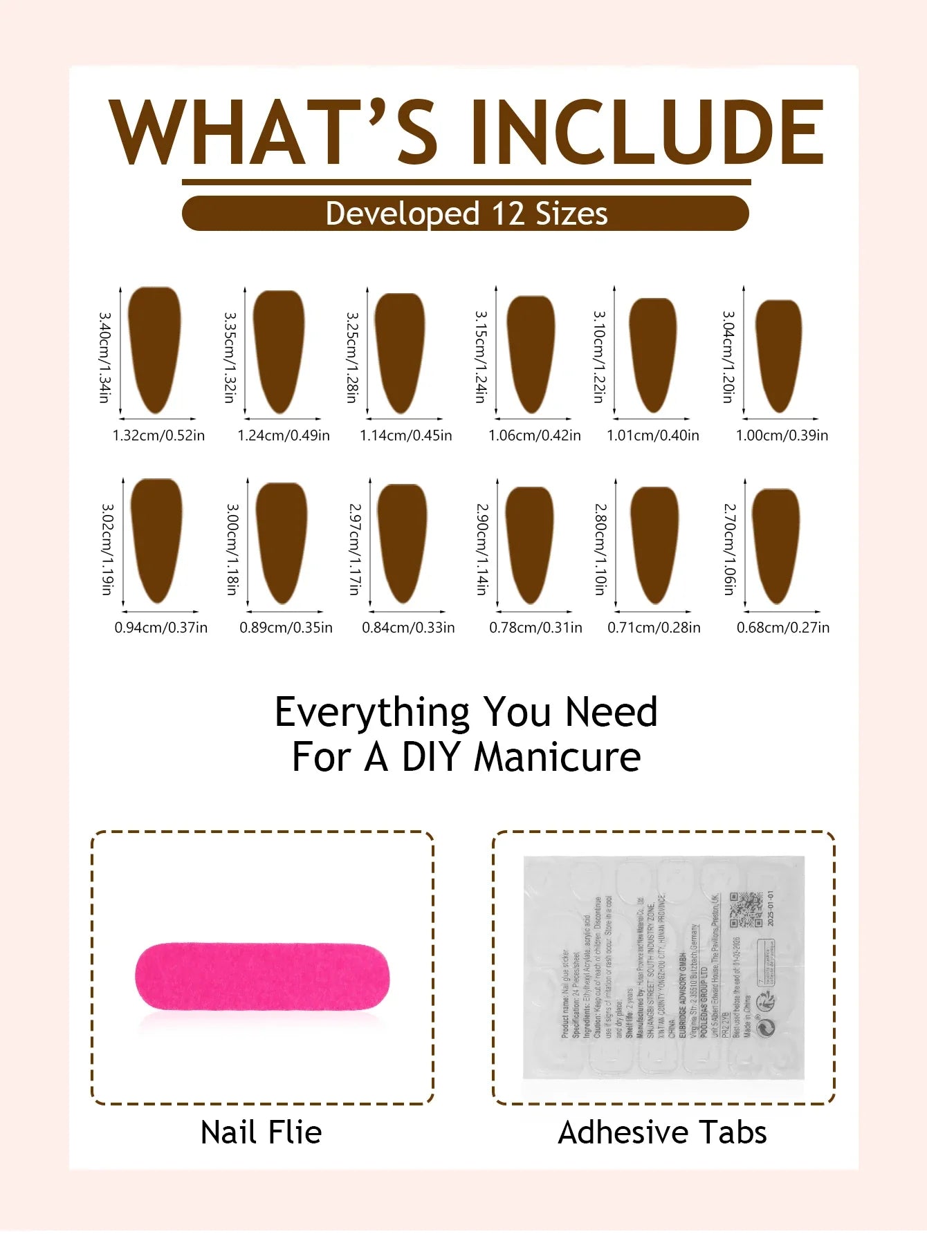 Product packaging with nail tips, nail file, and adhesive tabs for a DIY manicure on a beige background.