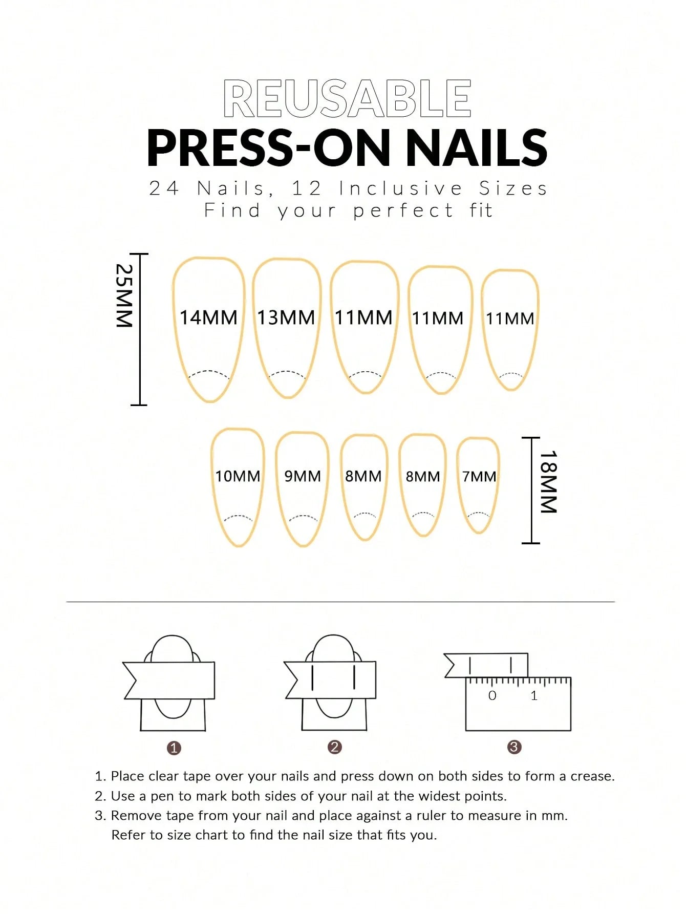 Diagram of reusable press-on nails with size chart and measurement guide on a white background.