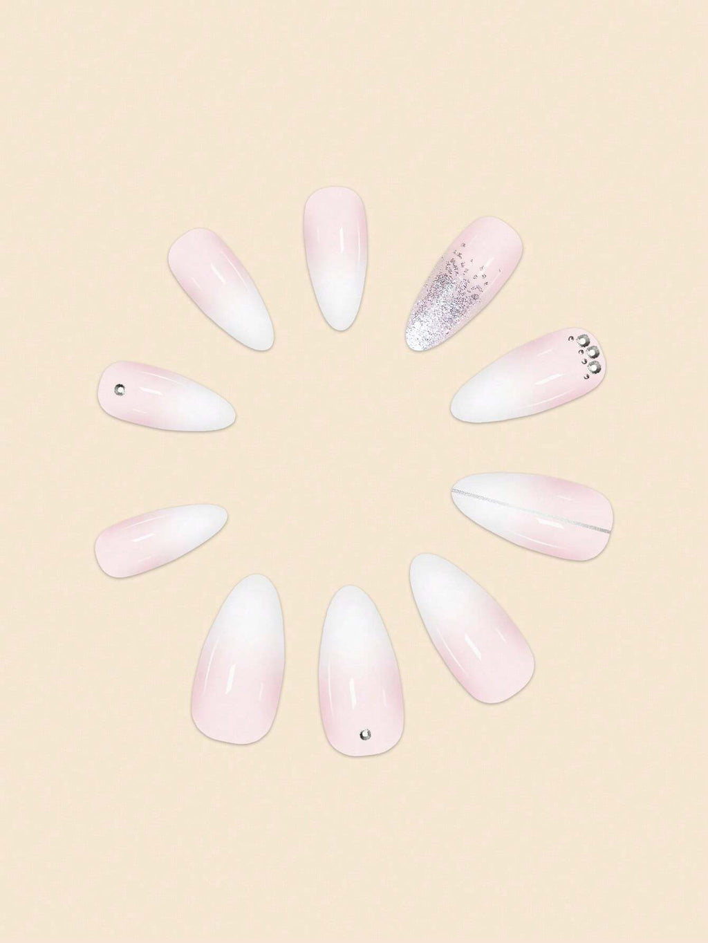 Set of pink and white nail art designs on a beige background
