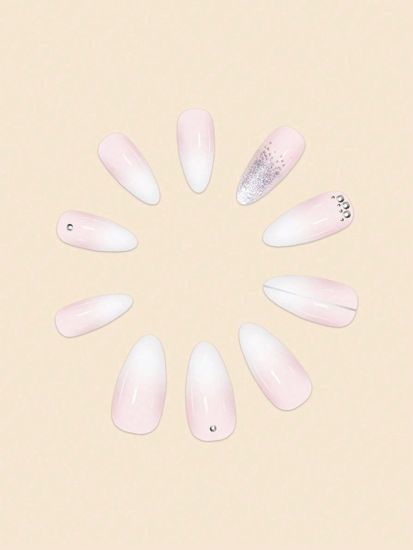 Set of pink and white nail art designs on a beige background