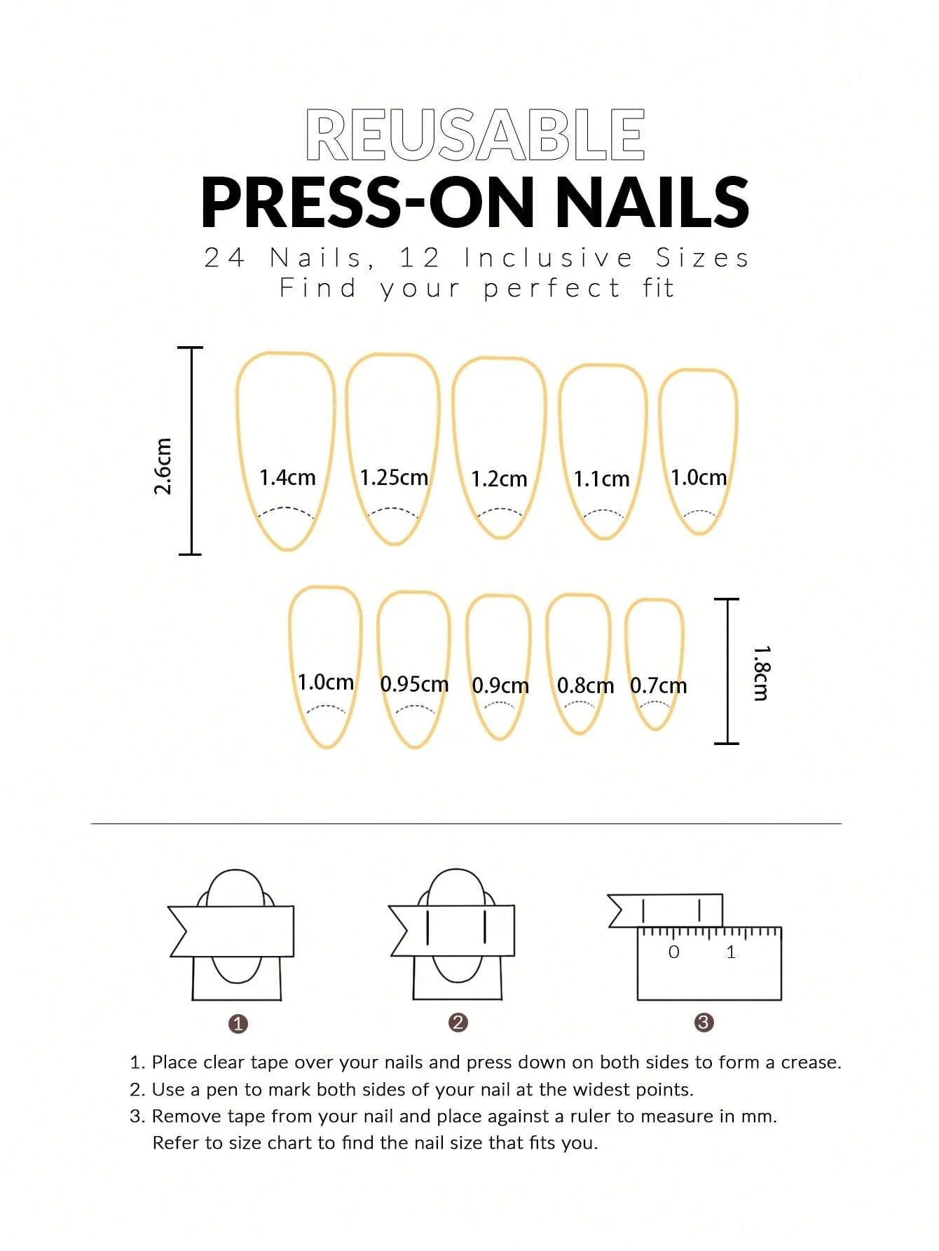 Diagram of reusable press-on nails with measurements and usage instructions.
